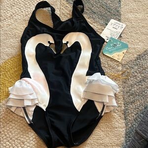 Black Girls One-Piece Swimsuit with White Swan Design SZ S